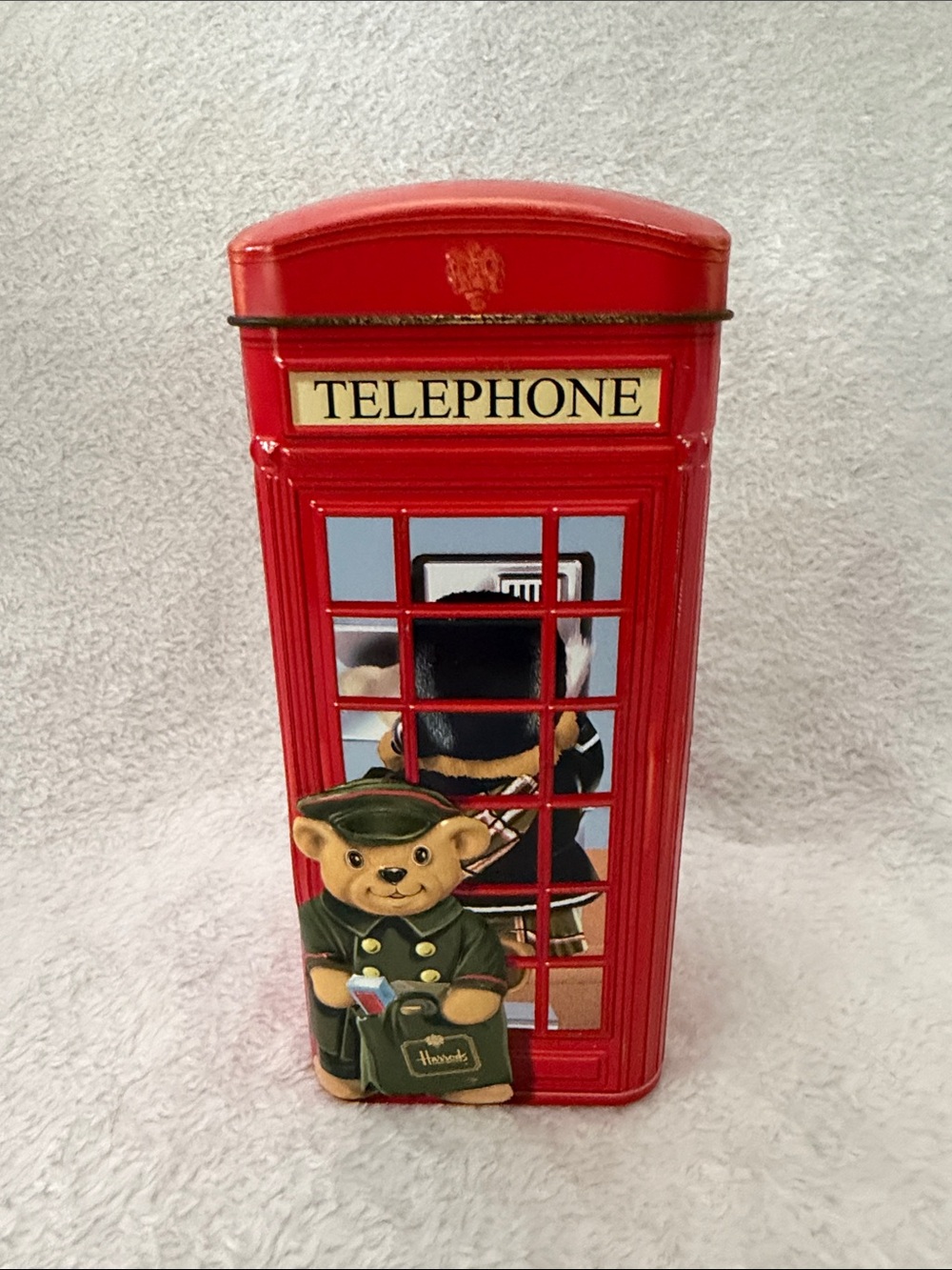 Harrods Red British Telephone Booth Tin Money Bank with Bear Illustration